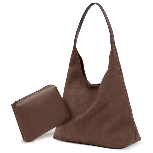 Slouchy Suede Hobo Tote Bag – Large Capacity in Rich Brown